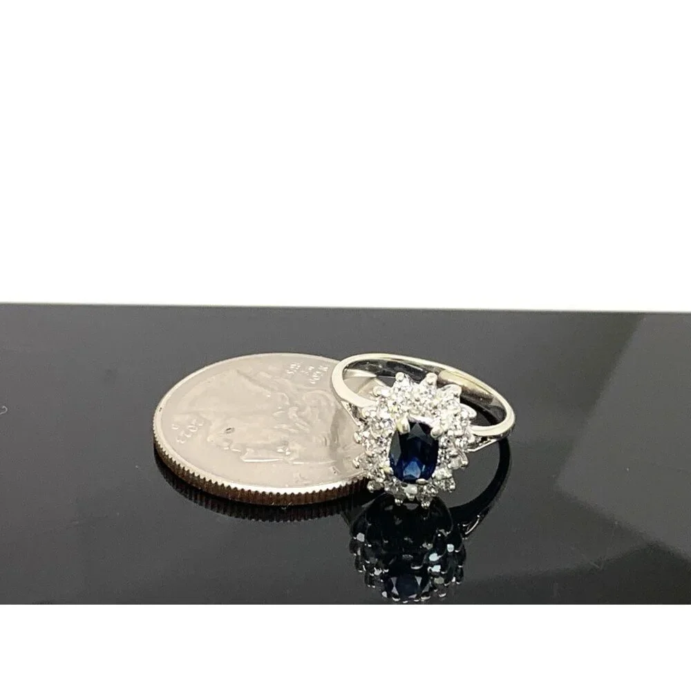 Blue Gemstone Diamond Cocktail Ring 14k White Gold Estate Women's Size 4.75